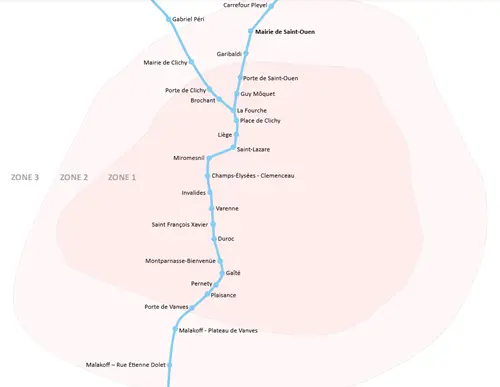 Map of M13 Paris Metro highlighting marked zones, showcasing the delineation of different areas along the route for easy navigation and understanding of the transit system. small size